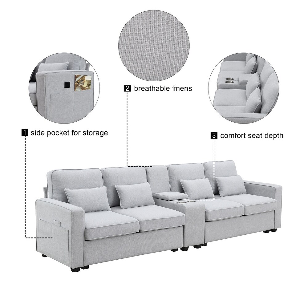 4 seat Linen Sofa Set Livingroom Couch w/ Pillows   USB Port   Pocket