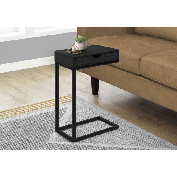 Accent Table， C-shaped， End， Side， Snack， Storage Drawer， Living Room， Bedroom， Black Laminate， Black Metal， Contemporary， Modern