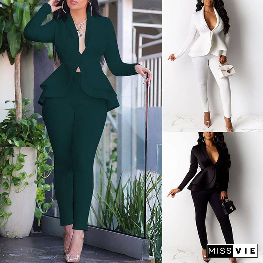 Women's Formal Work Blazer Jacket Pants Business Office Outfits Suit Set Ruffle Solid Color