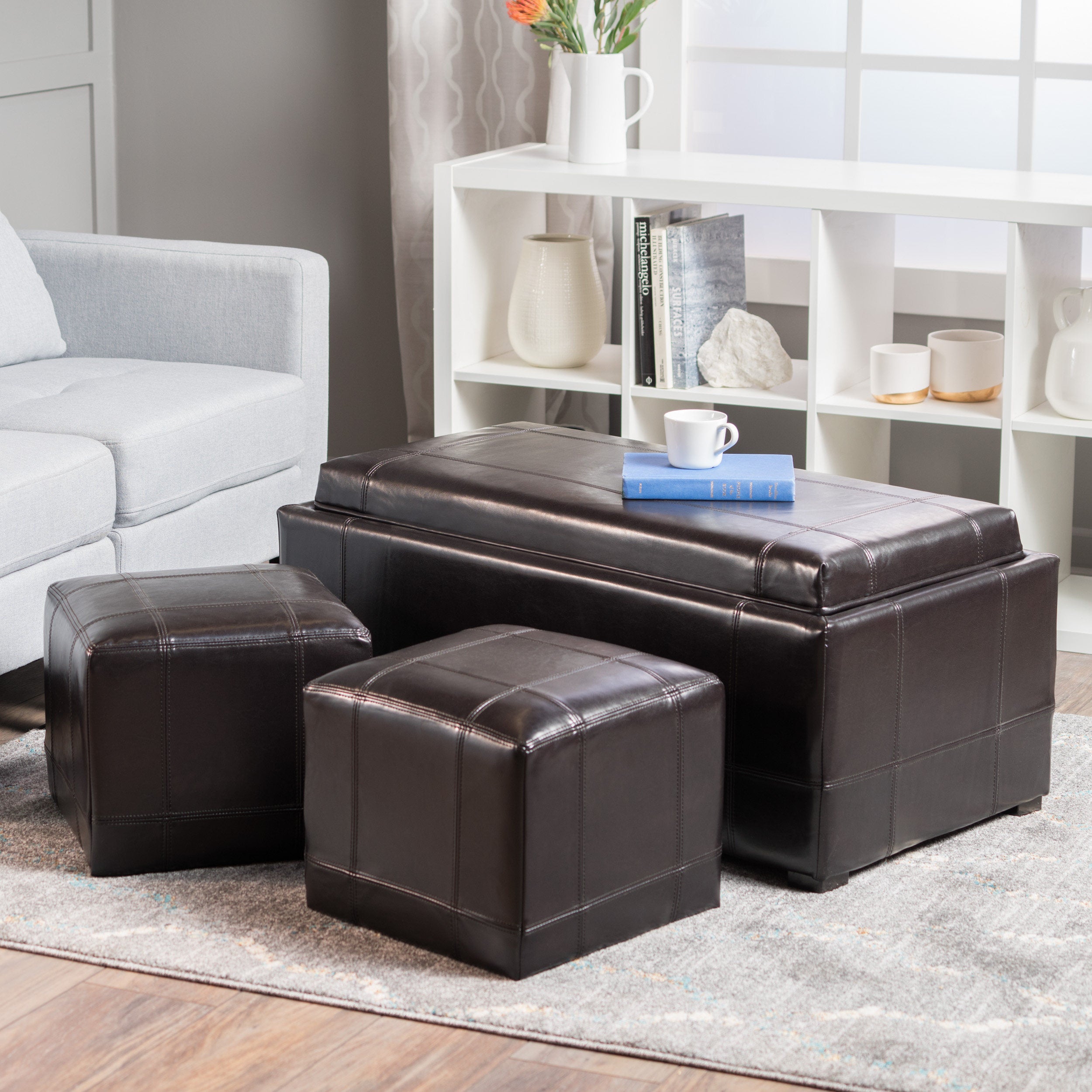 Five Brooks Espresso Brown Leather Ottoman Set (Set of 3)