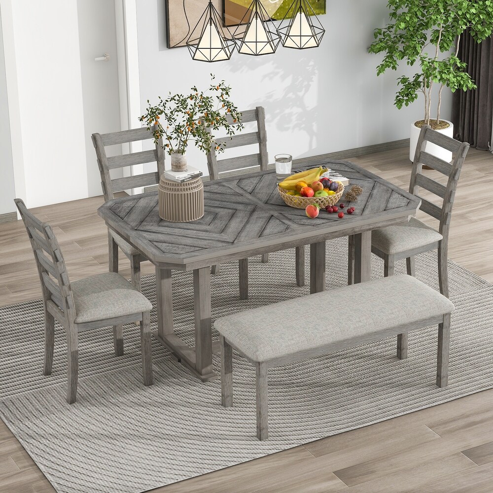 6 Piece Rubber Wood Dining Table Set with Beautiful Wood Grain Pattern Tabletop Solid Wood Veneer and Soft Cushion