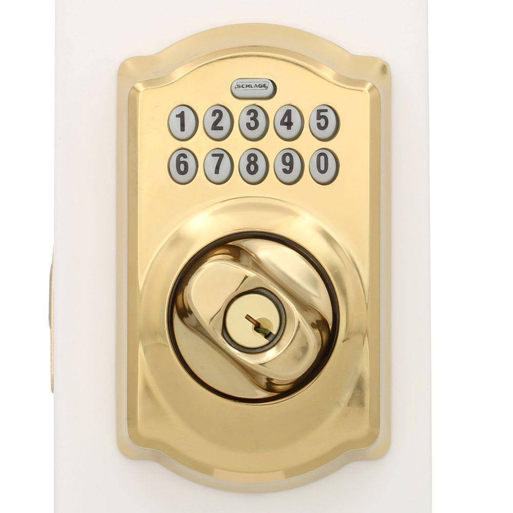 Schlage Camelot Keypad Electronic Door Lock Deadbolt and Accent Handle in Bright Brass BE365 CAM F10 ACC 605