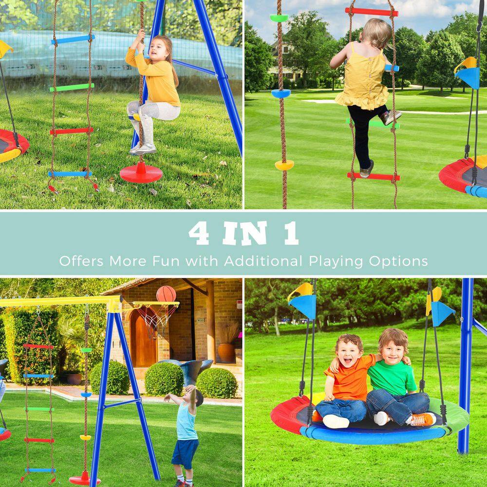 TIRAMISUBEST 4 in 1 Outdoor Swing Set with Climbing Ladder and Basketball Hoop for Kids MSXY296182AAA