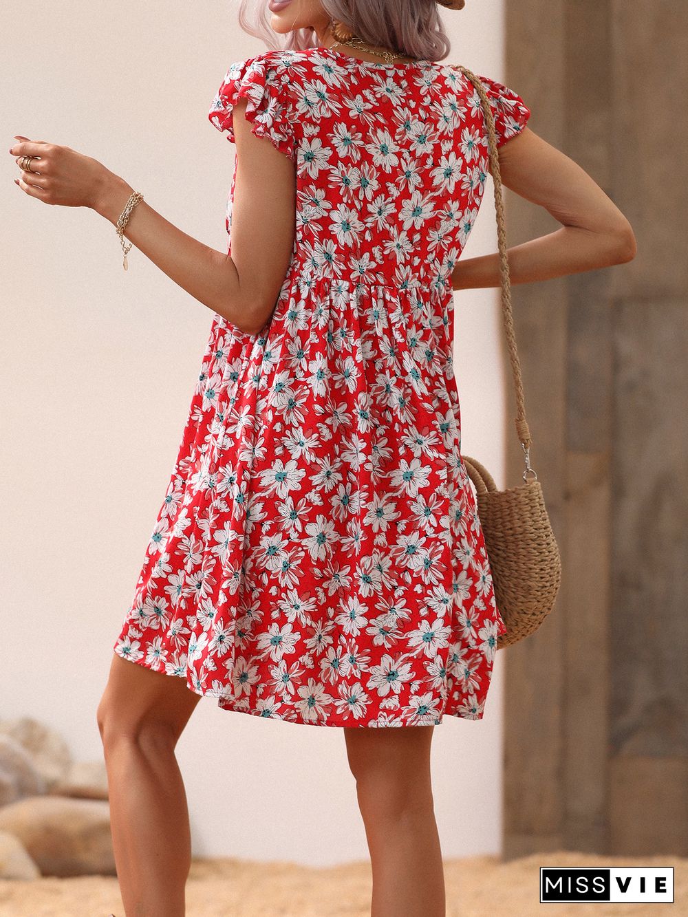 Casual Sexy Floral Print Dresses Women Summer Dress New Red Deep V-Neck Ruffle Short Flying Sleev Elegant A-line Mini Dress