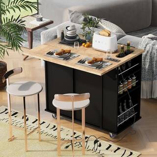 Black Rubber Wood 39.8 in. Kitchen Island with Adjustable Storage and Side Shelving SKC304642