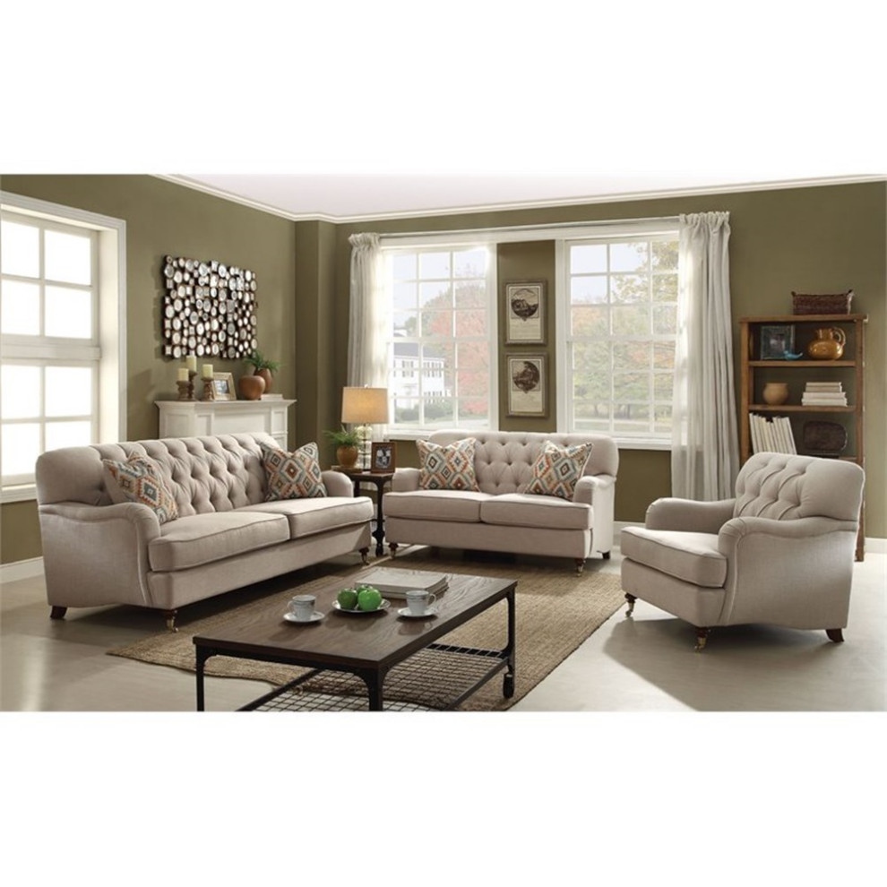 Bowery Hill Traditional Button Tufted Sofa with 2 Pillows in Beige Fabric   Traditional   Sofas   by Homesquare  Houzz