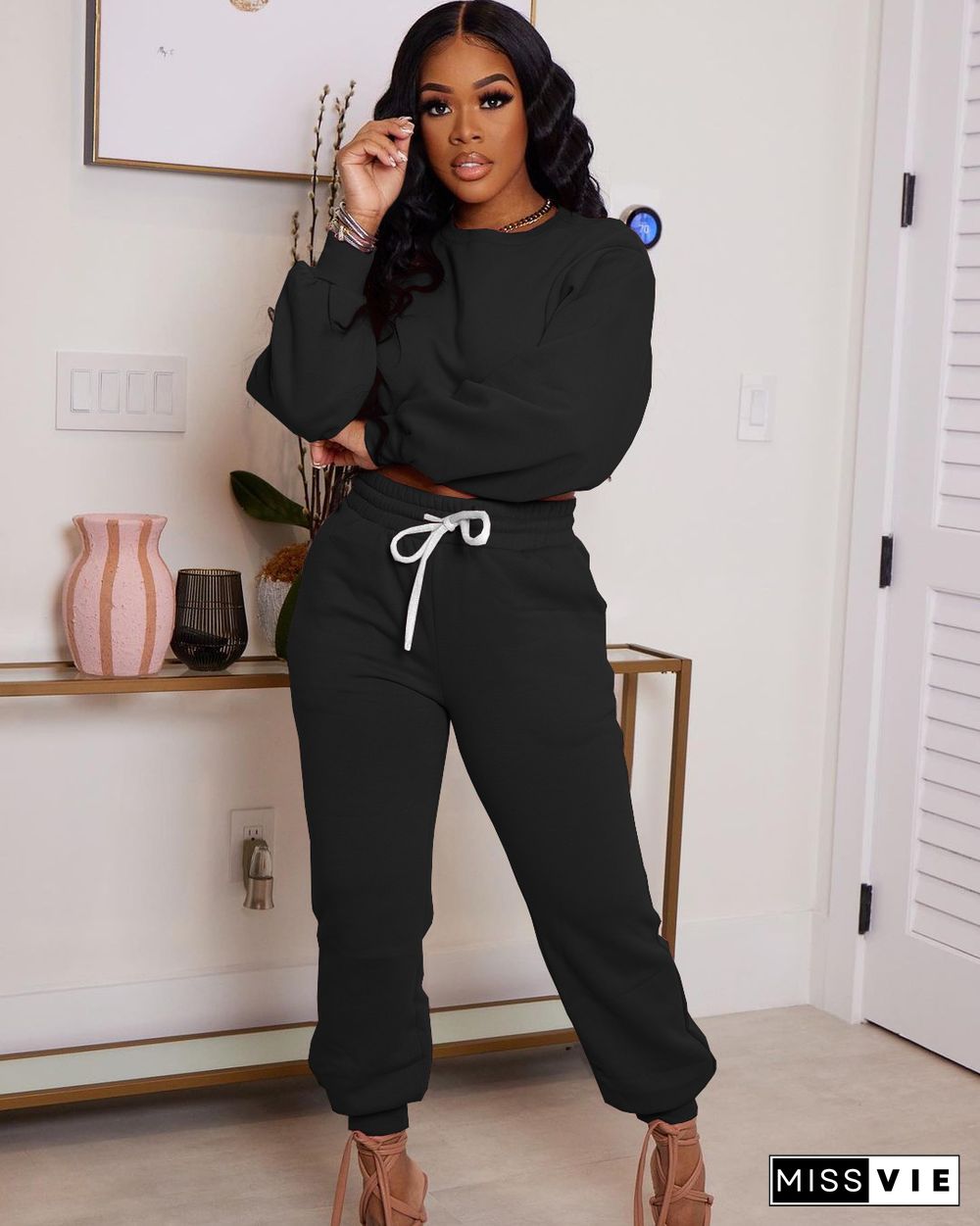 Loose Simple Solid T Shirt Sweatpants Two Piece Set