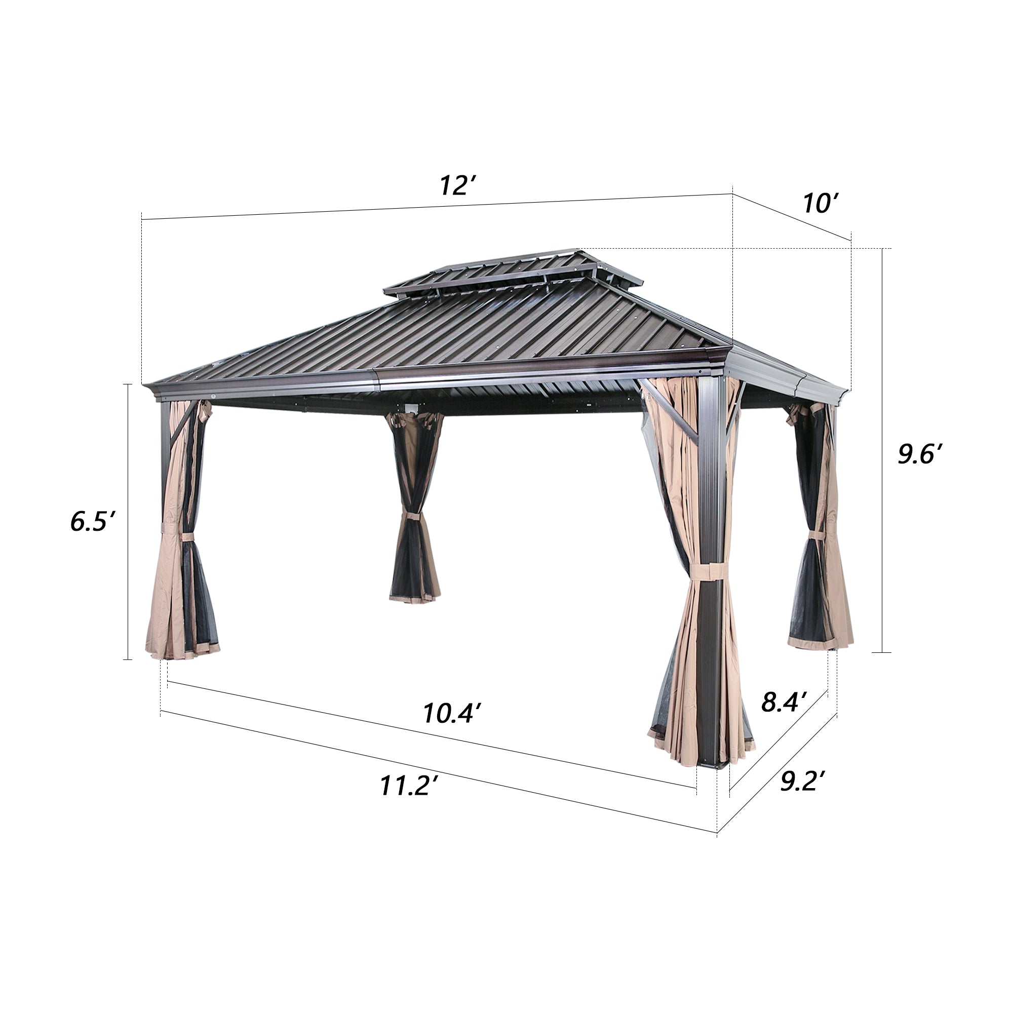 Ulax Furniture 10Ft x 12Ft Patio Hardtop Gazebo Outdoor Aluminum Pergola with Galvanized Steel Double Roof Canopy, Polyester Curtain and Mosquito Net, 10, Brown