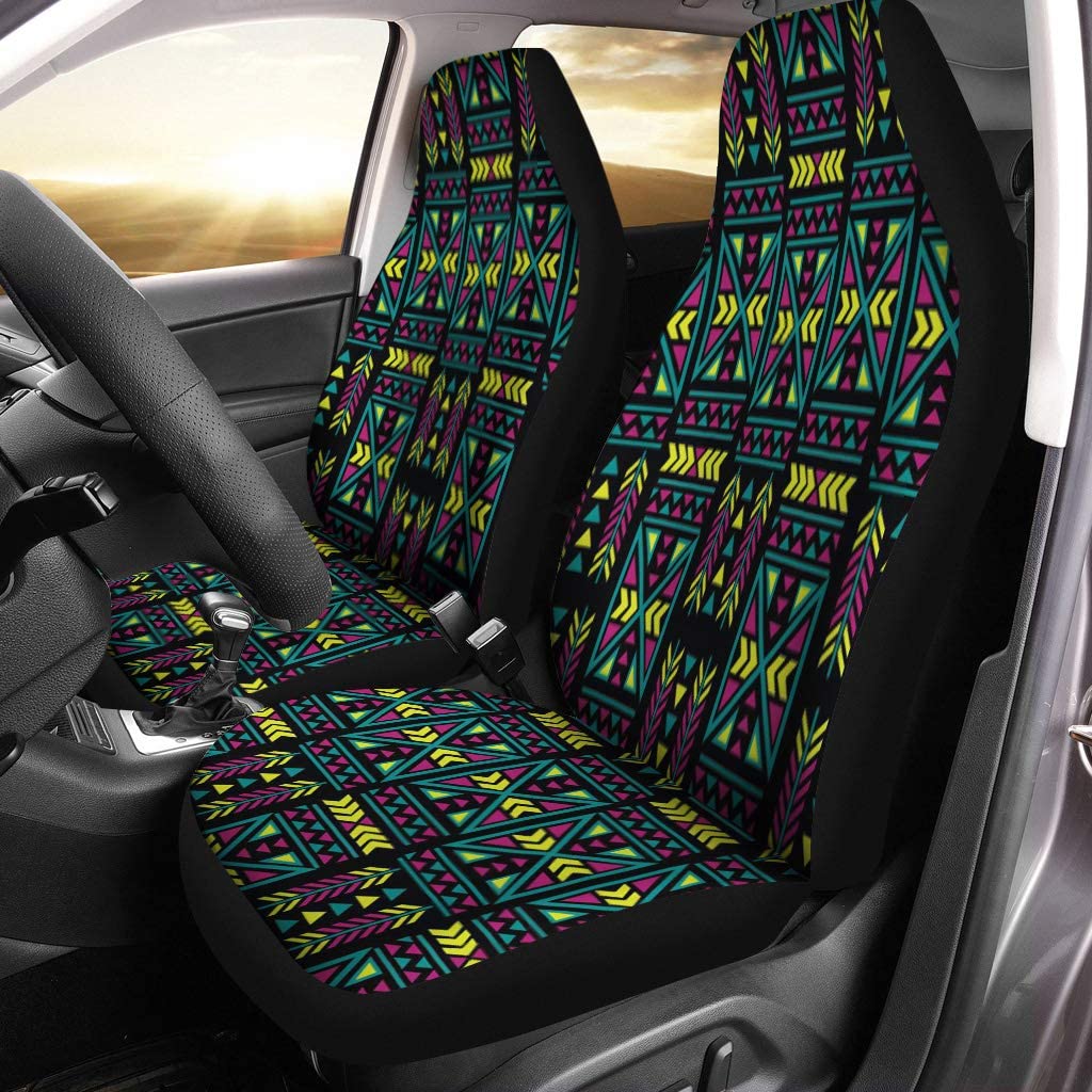 KXMDXA Set of 2 Car Seat Covers Geometric Pattern Bright Neon Green Purple Teal and Black Universal Auto Front Seats Protector Fits for Car，SUV Sedan，Truck