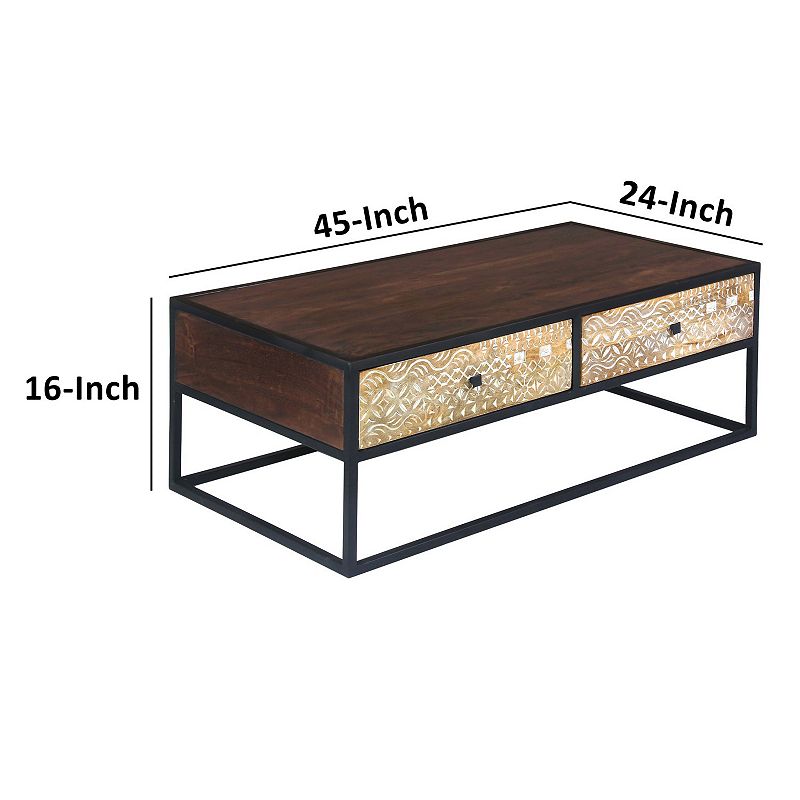 45 Inch Carson Rectangular Mango Wood Coffee Table with Metal Frame and 2 Drawers， Brown and Black