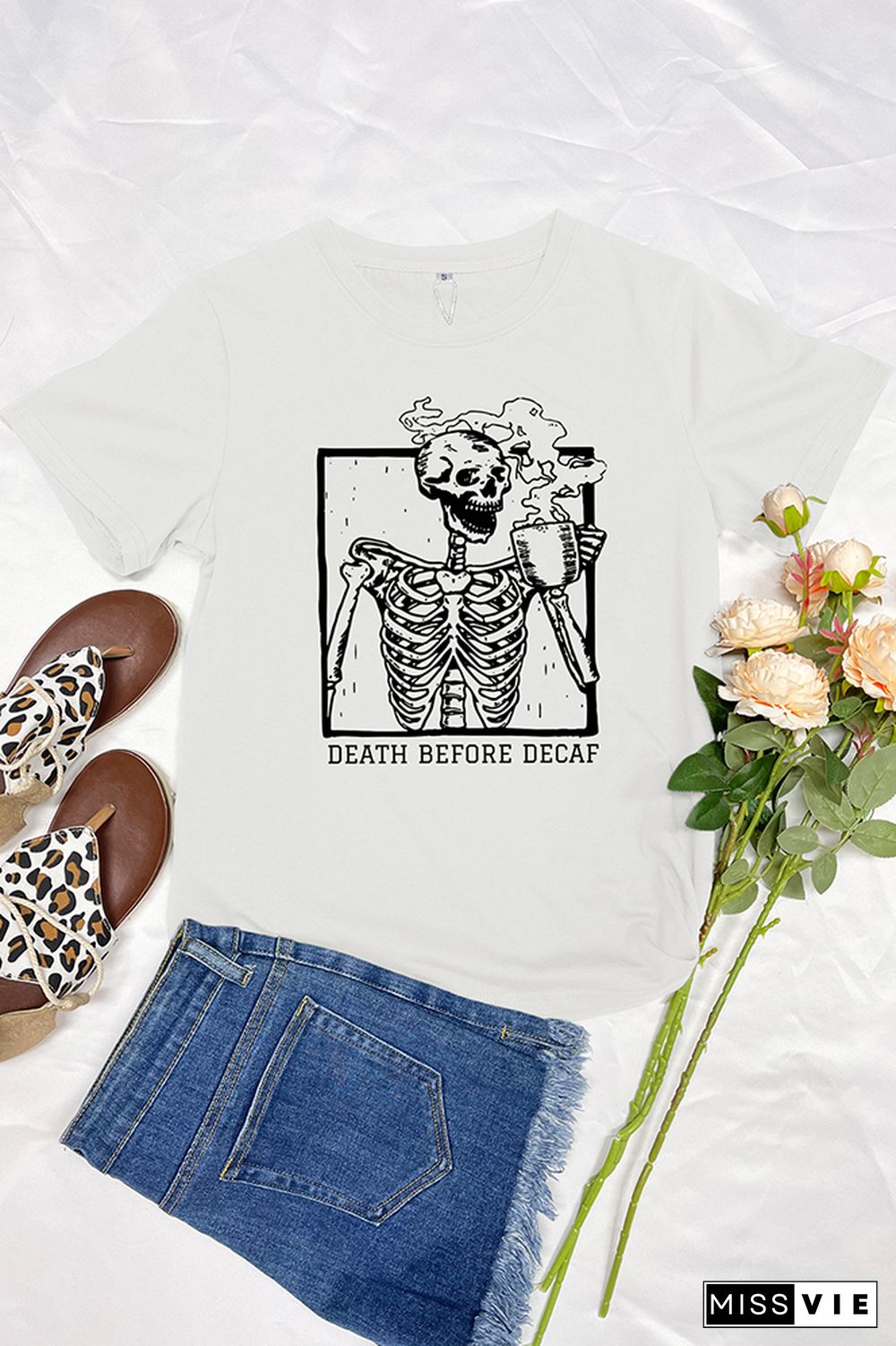 Skeleton Death Before Decaf Skeleton Drink Coffee Graphic T-Shirt Wholesale