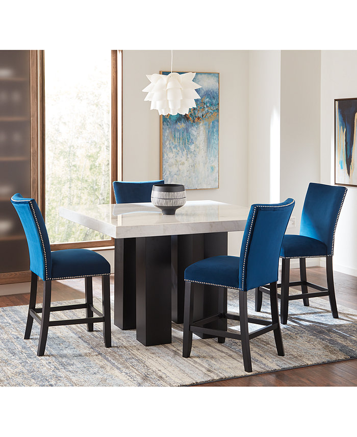 Furniture Camila Square 54 Marble Counter Height Table and Blue Velvet Counter Chair 5pc Set (Table + 4 Chairs)