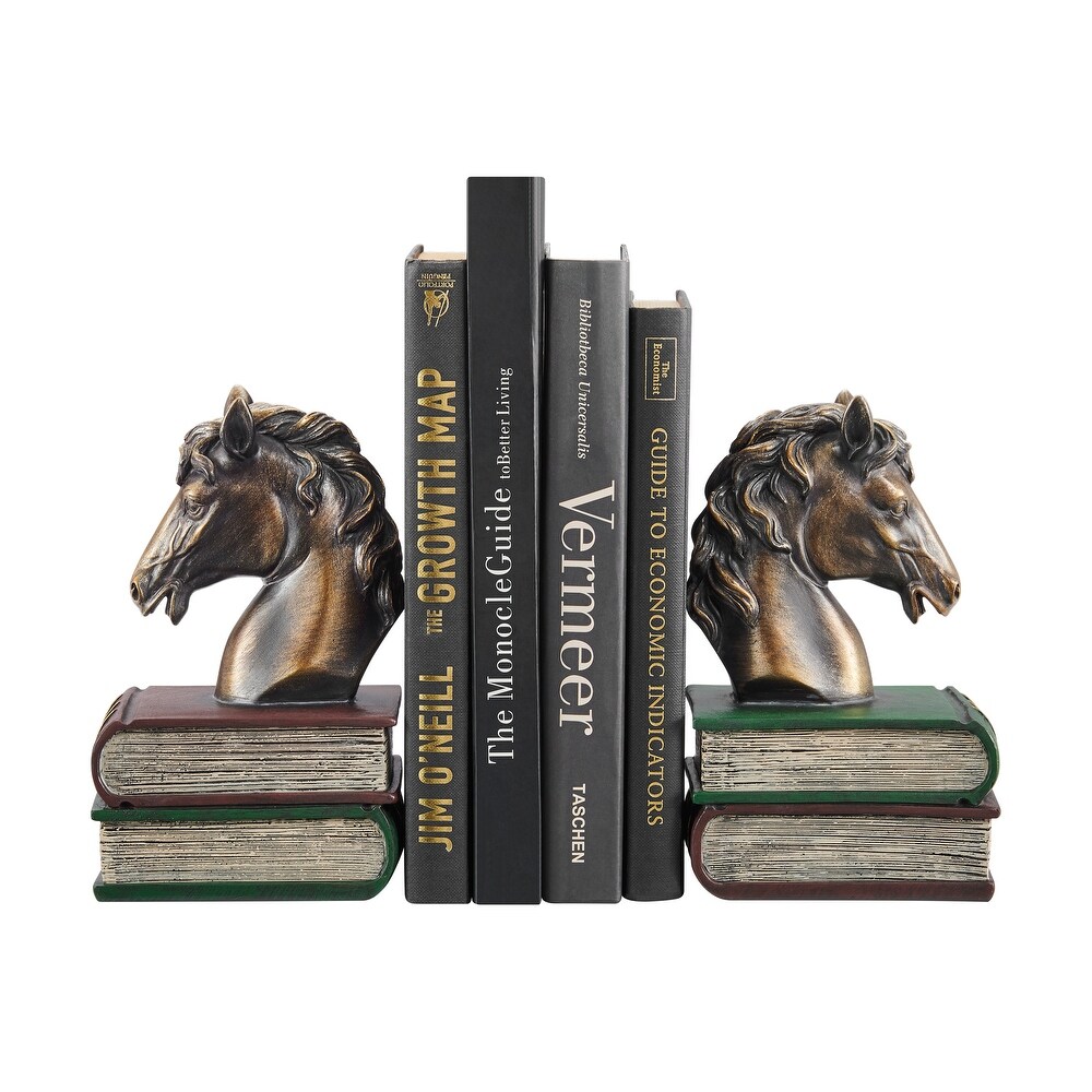 Danya B. Horses on Books Polyresin Antique Patina Finish Bookend Set of 2