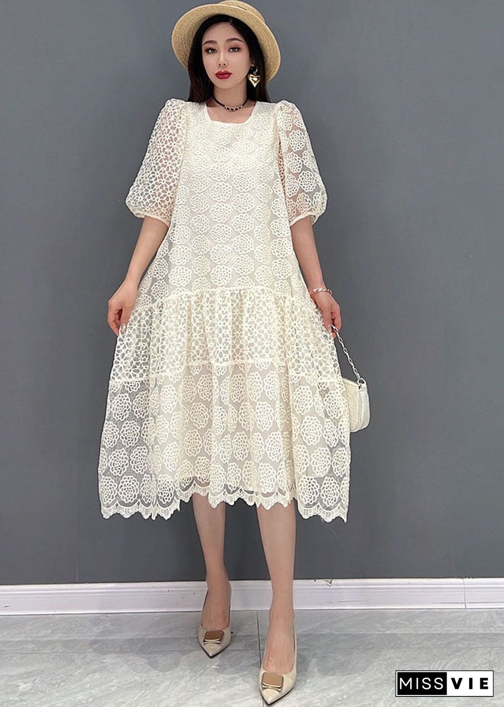 Boutique White O-Neck Patchwork Lace Long Dress Half Sleeve