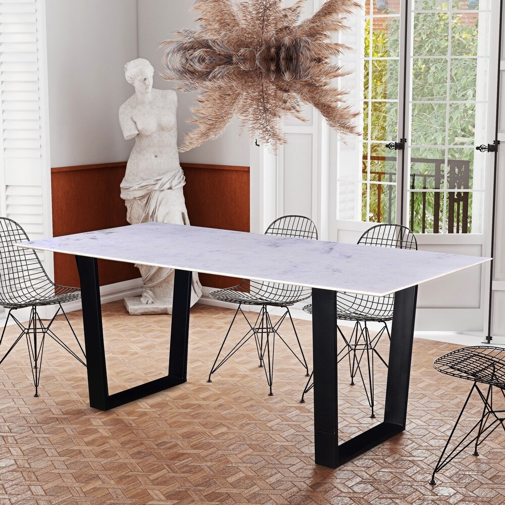 Juno 72 in. Marble Rectangle Dining Table w/ Black Metal Sled Base Seats 6