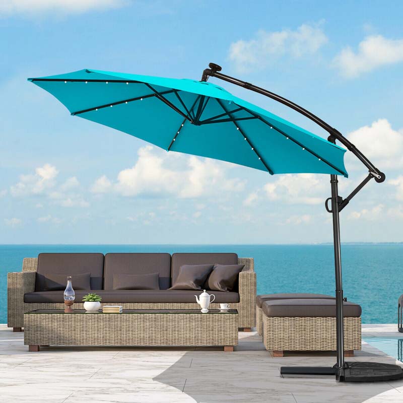 10 FT Patio Offset Umbrella with Solar Lights 360° Rotation Outdoor Market Umbrella with Crank Handle & Cross Base