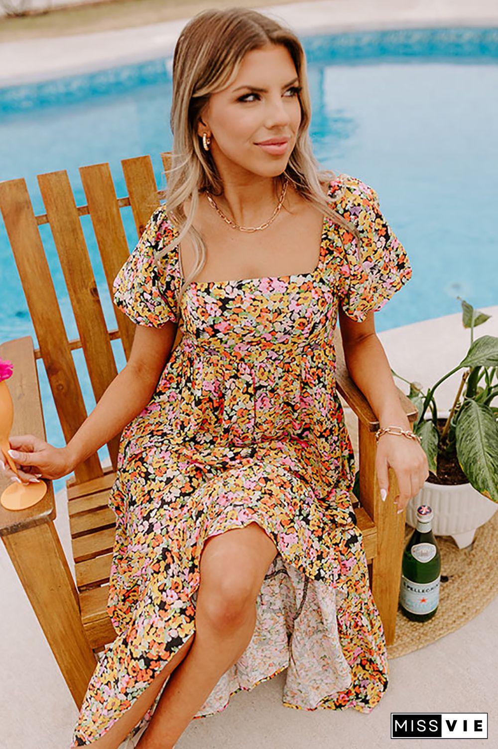 Yellow Puff Sleeve Square Neck Open Back Floral Midi Dress