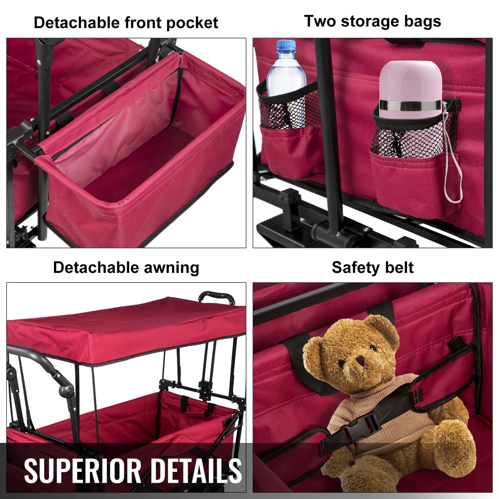 BENTISM Collapsible Wagon Cart Red, Foldable Wagon Cart Removable Canopy 601D Oxford Cloth, Collapsible Wagon Oversized Wheels, Portable Folding Wagon Adjustable Handles, Beach, Garden, Sports