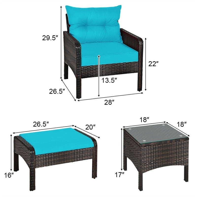 5 Pcs Rattan Patio Conversation Sets with Ottomans & Coffee Table, Wicker Outdoor Bistro Set