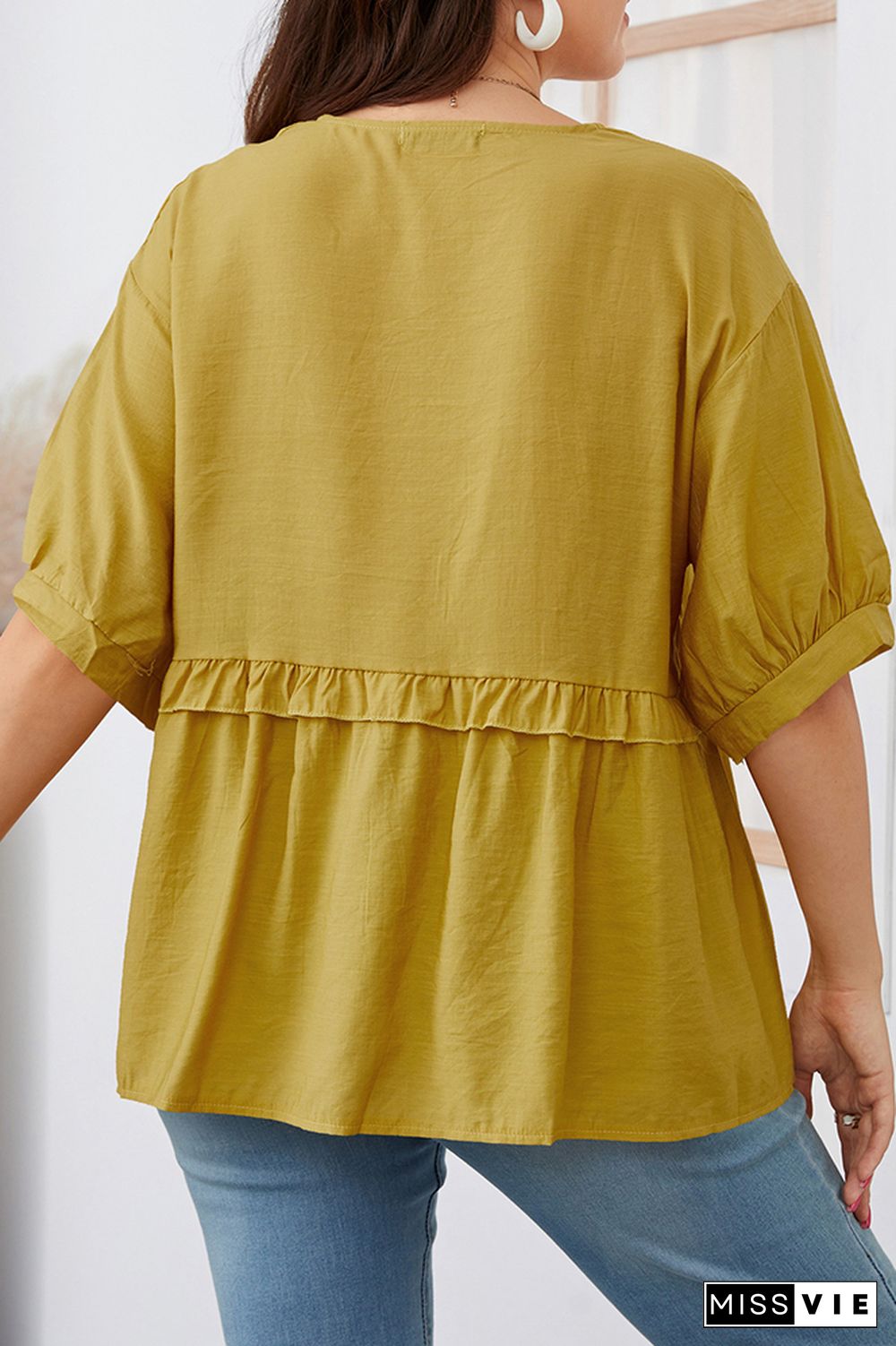 Button Down V Neck Ruffle Plus Size Top