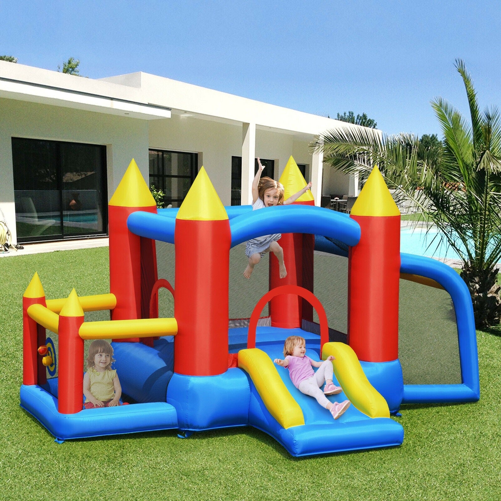 BOUNTECH Inflatable Bounce House, 6 in 1 Jump 'n Slide Bouncer w/ Large Jumping Area (Without Blower)