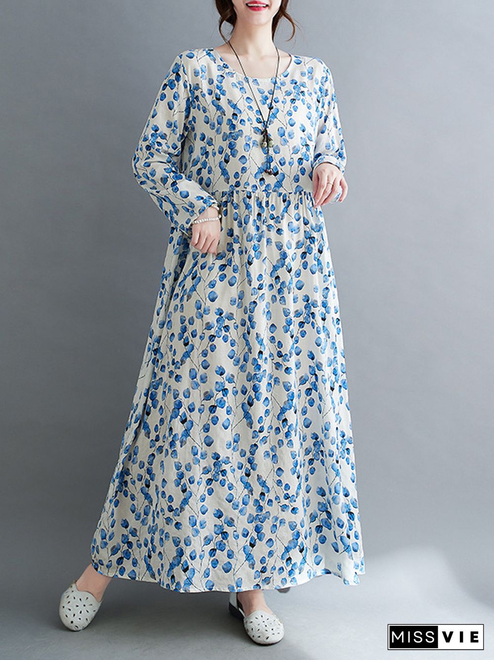 Long Sleeves Loose Flower Print Split-Joint Round-Neck Midi Dresses