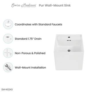 Swiss Madison Pur 16.5 in. Square Wall Mount Bathroom Vessel Sink in Glossy White SM-WS343