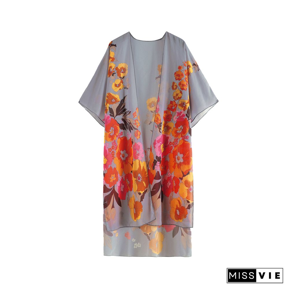 Women's Floral Smock Short-Sleeved Tops Beach Sunscreen Loose Printed Clothes Plus Size Cover Ups Party Dresses