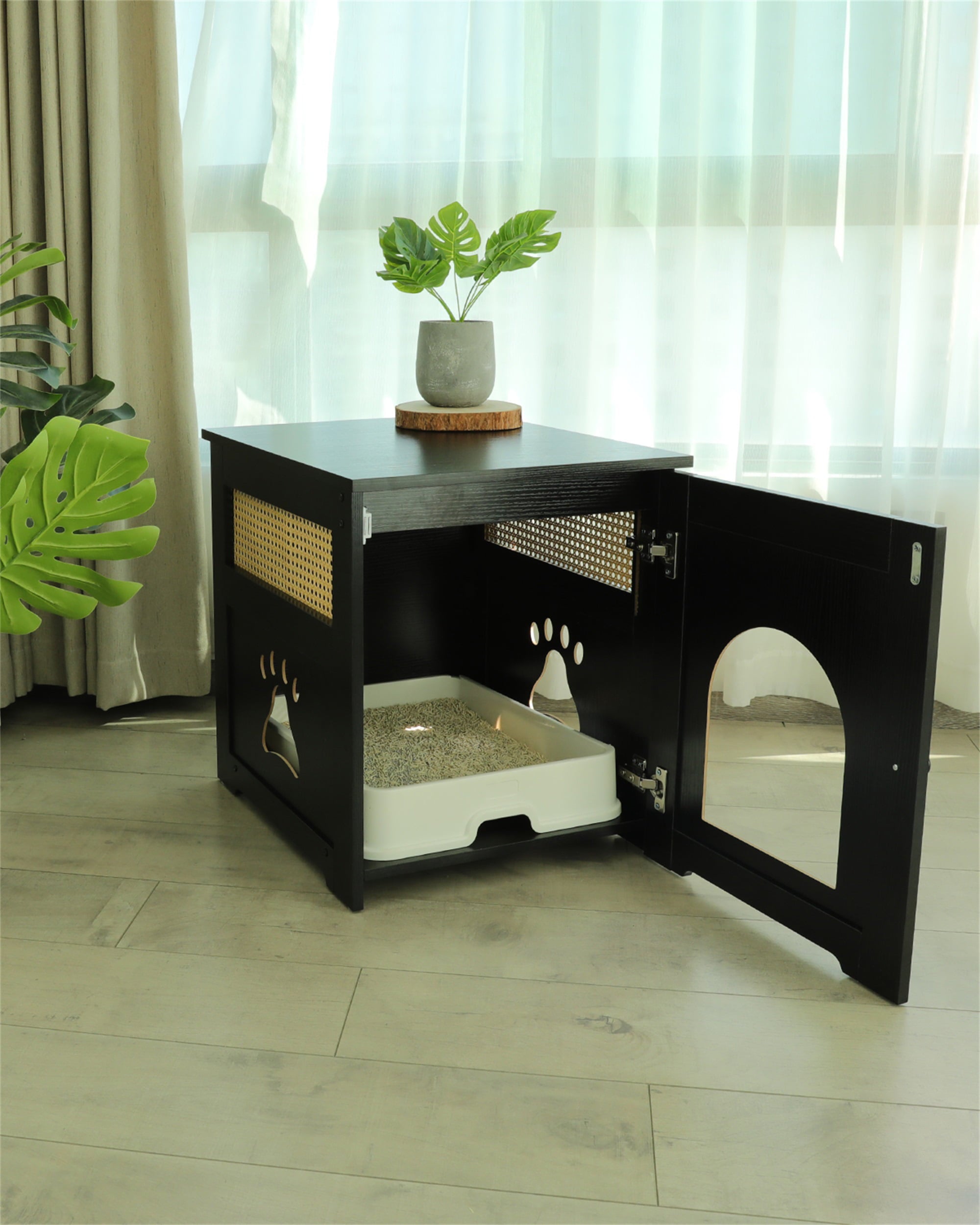 Cat Litter Box - Home Decorative Cat House and Side Table - Cat Home Nightstand - Indoor Pet Crate - Litter Box Enclosure - Hooded Hidden Pet Box - Cats Furniture Cabinet - Kitty Washroom - Black