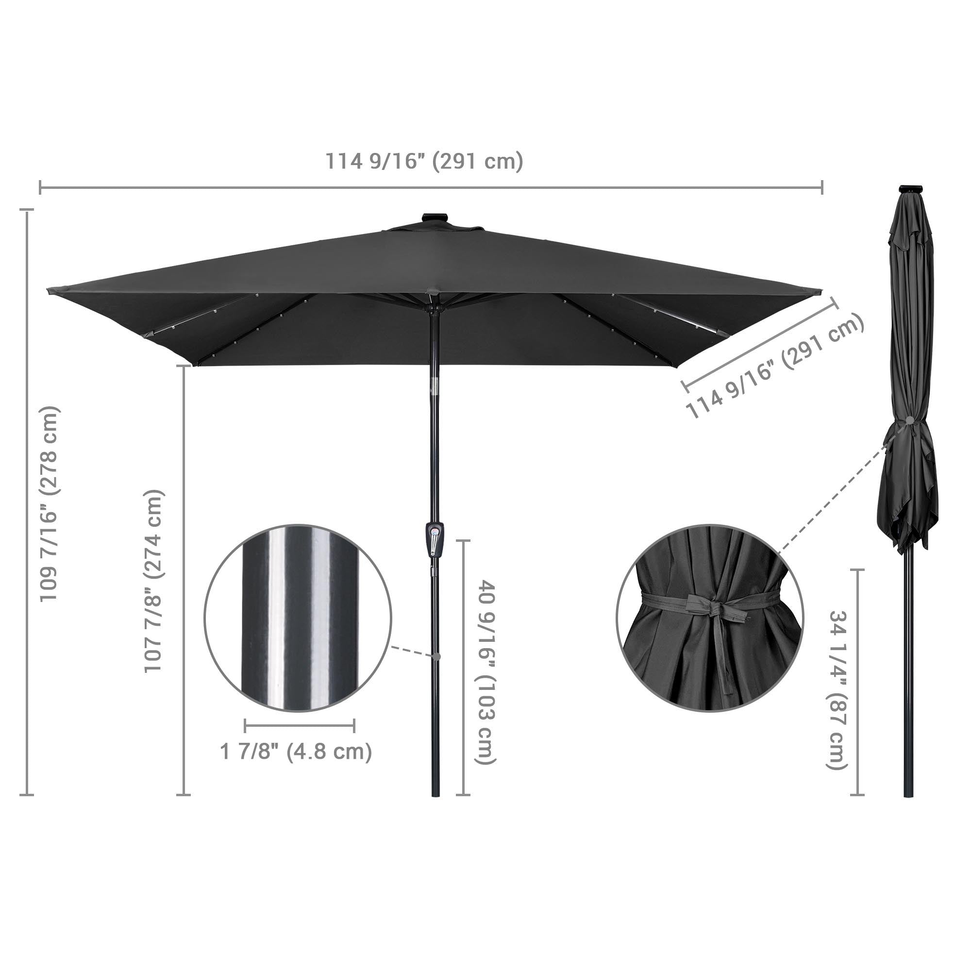 LAGarden 10x10 Ft LED Light Patio Umbrella Solar Power 8-Rib Tilt Aluminum for Outdoor Yard Table, USB Port Black