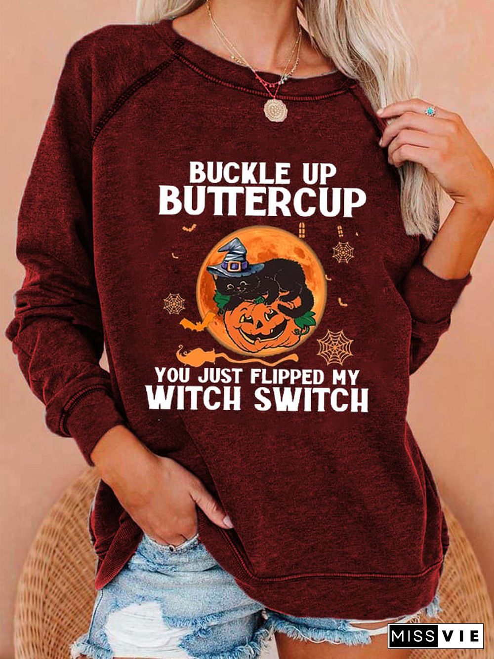 Women's Funny Halloween Buckle Up Buttercup You Just Flipped My Witch Sweatshirt