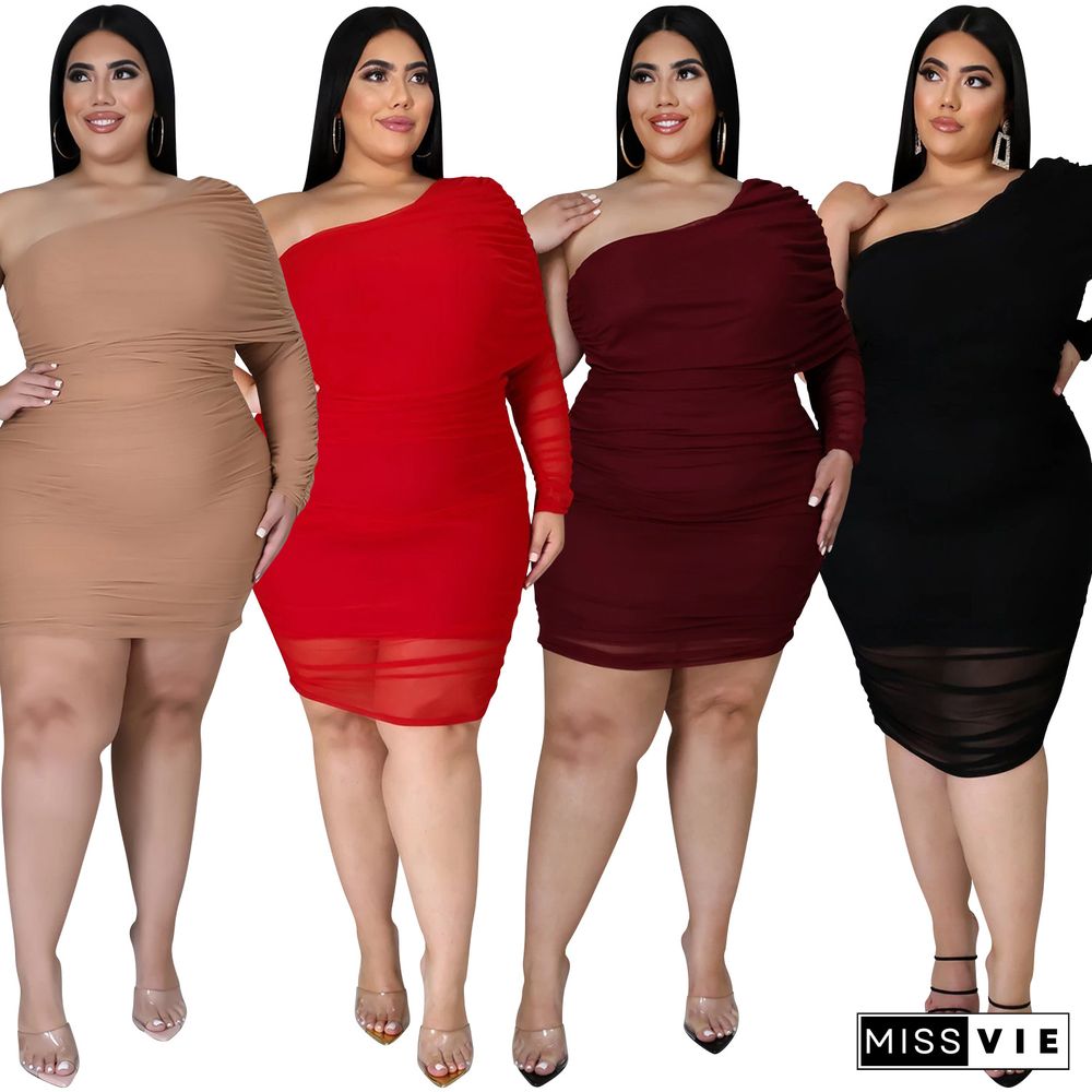 Plus Size Mesh Solid Single Sleeve Bodycon Dress