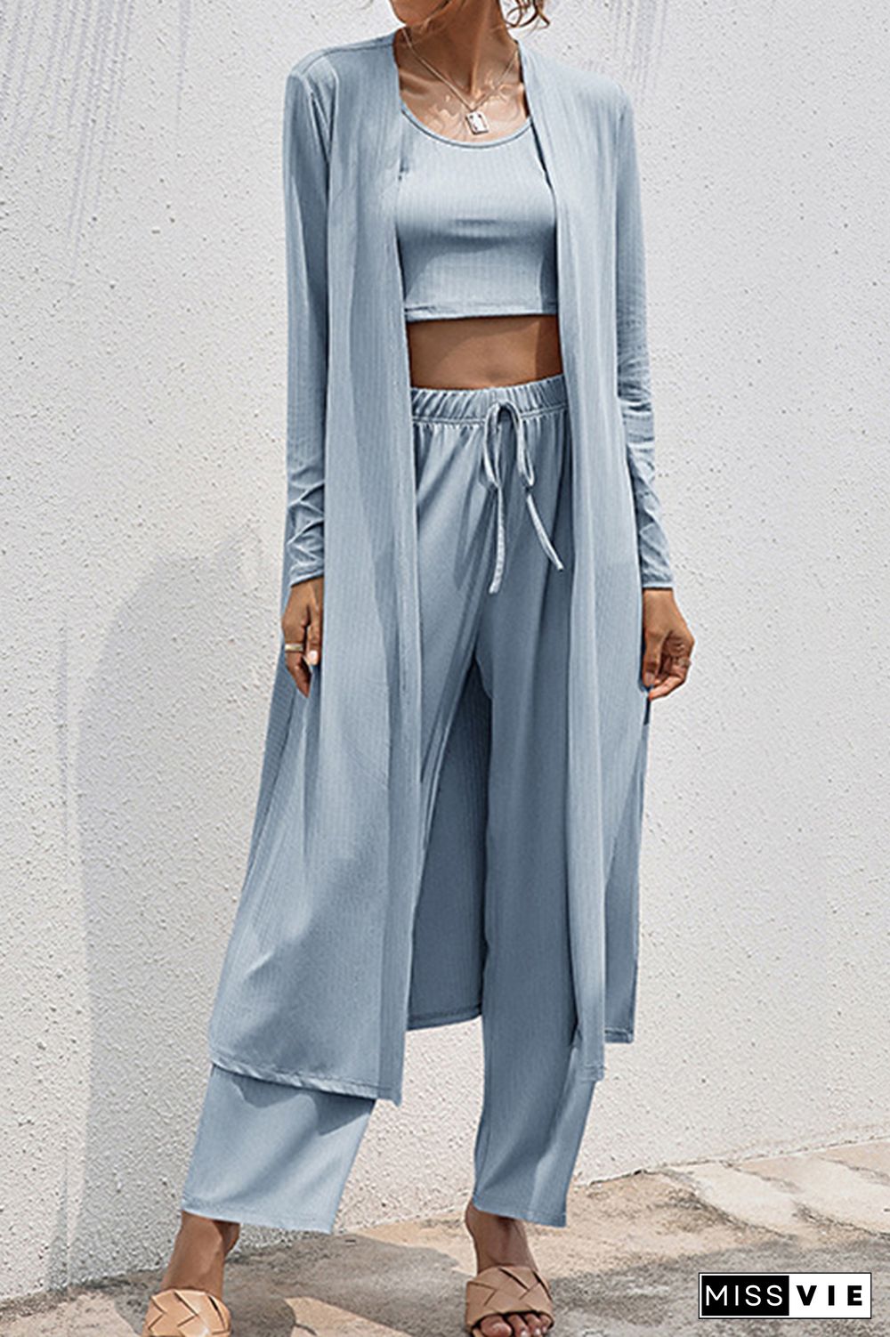 Crop Tank Top and Wide Leg Pants with Coat 3 PCS Set Wholesale