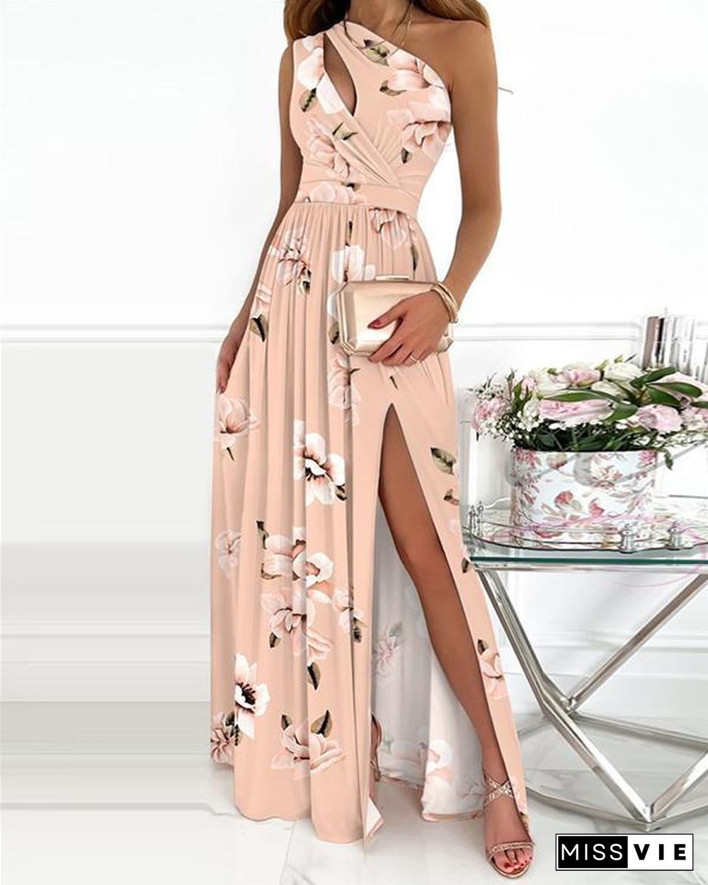 Floral Print High Slit Cutout Maxi Dress