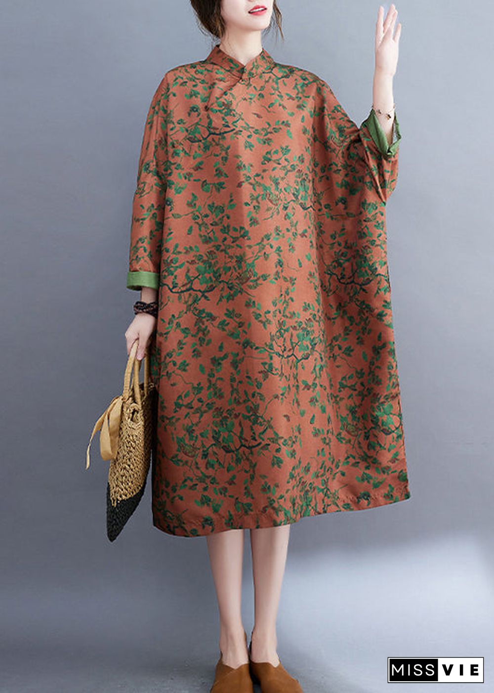 Orange Print Linen Long Dress Oversized Mandarin Collar Spring