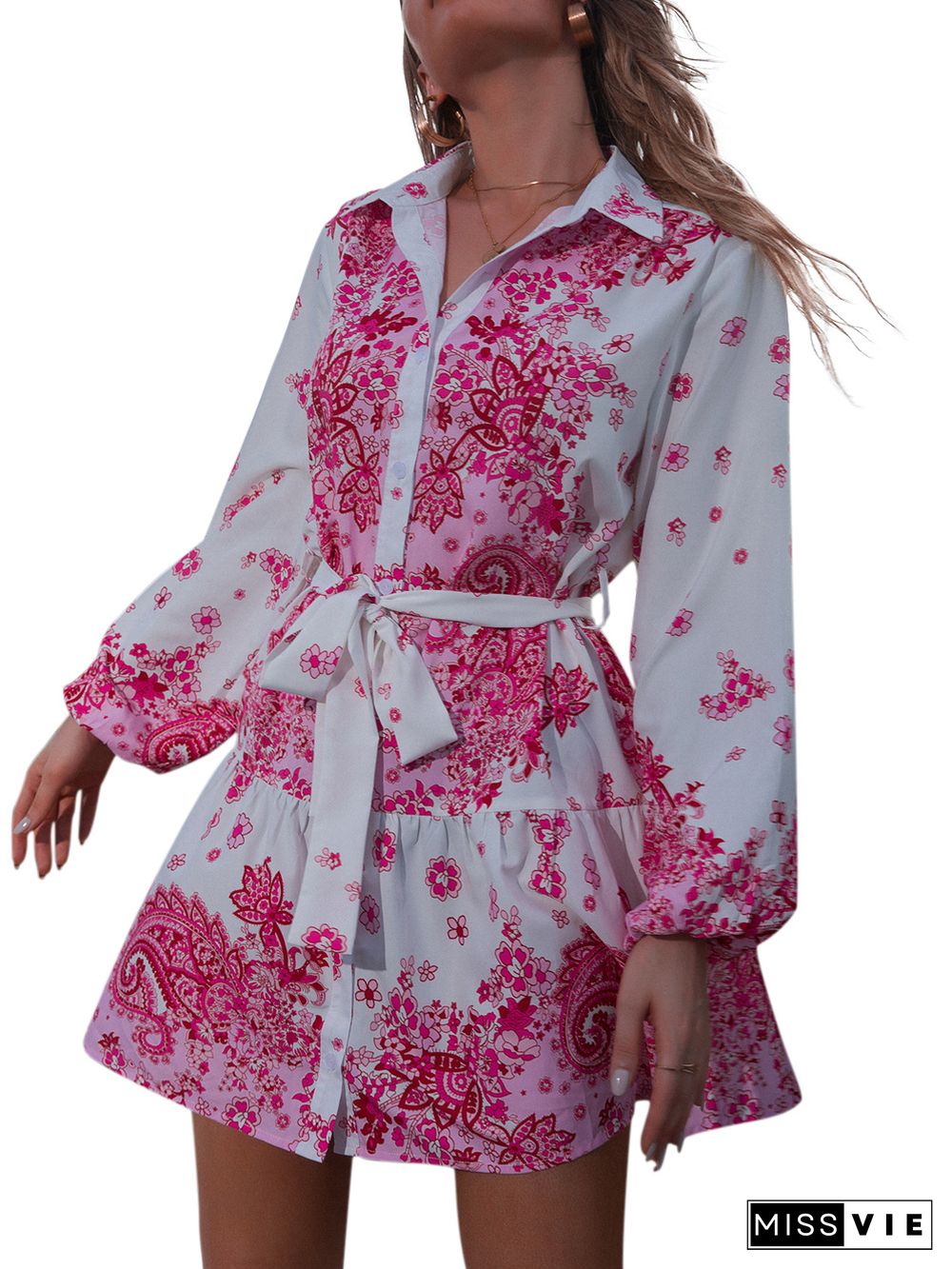 Flower Print Puff Sleeve Tie Knot Dress