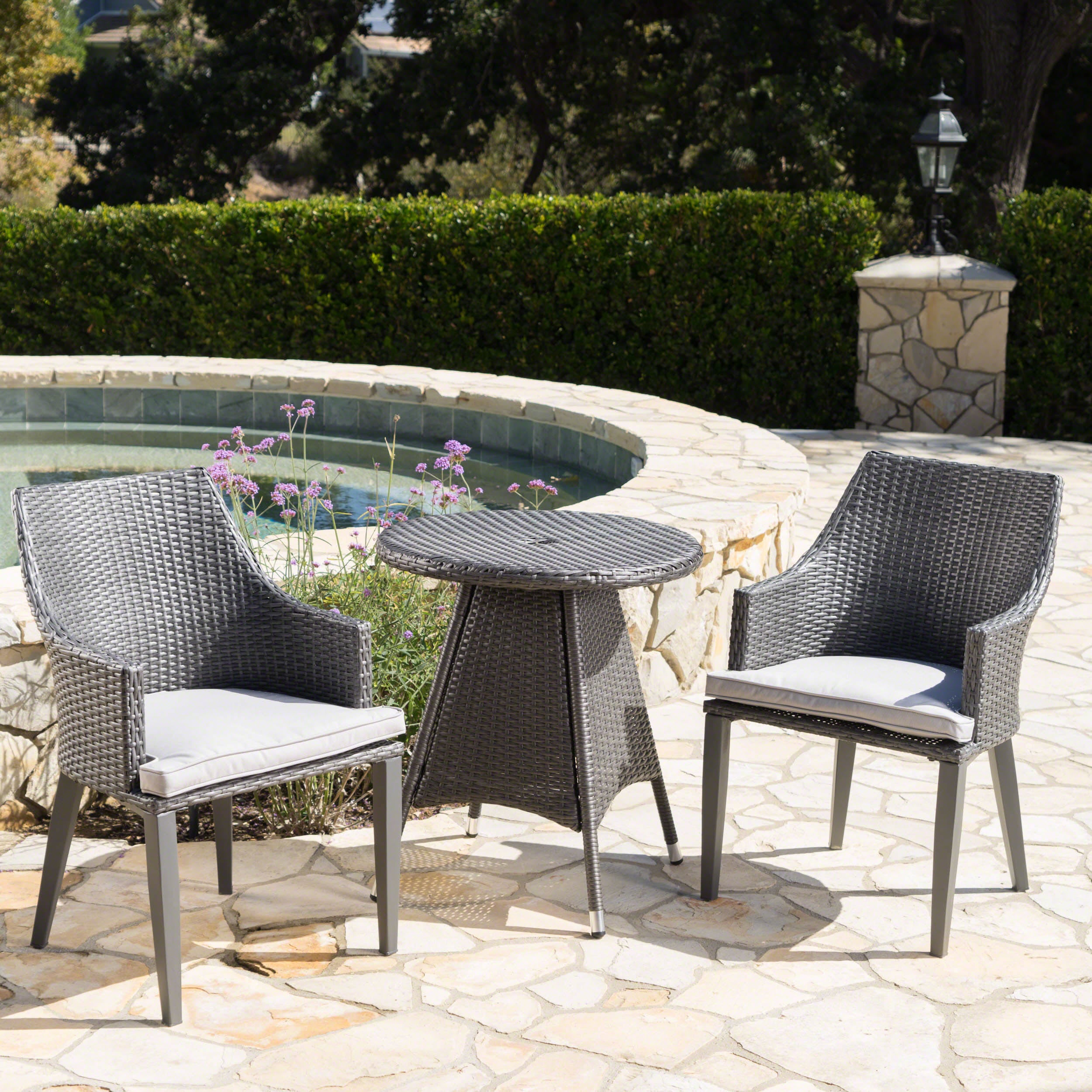 Leeward Outdoor 3 Piece Wicker Round Bistro Set with Water Resistant Cushions