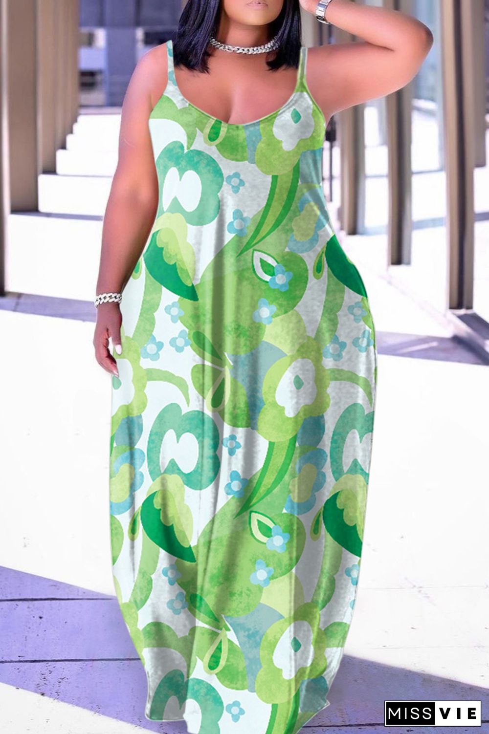 Green Sexy Casual Print Backless Spaghetti Strap Long Dress Dresses