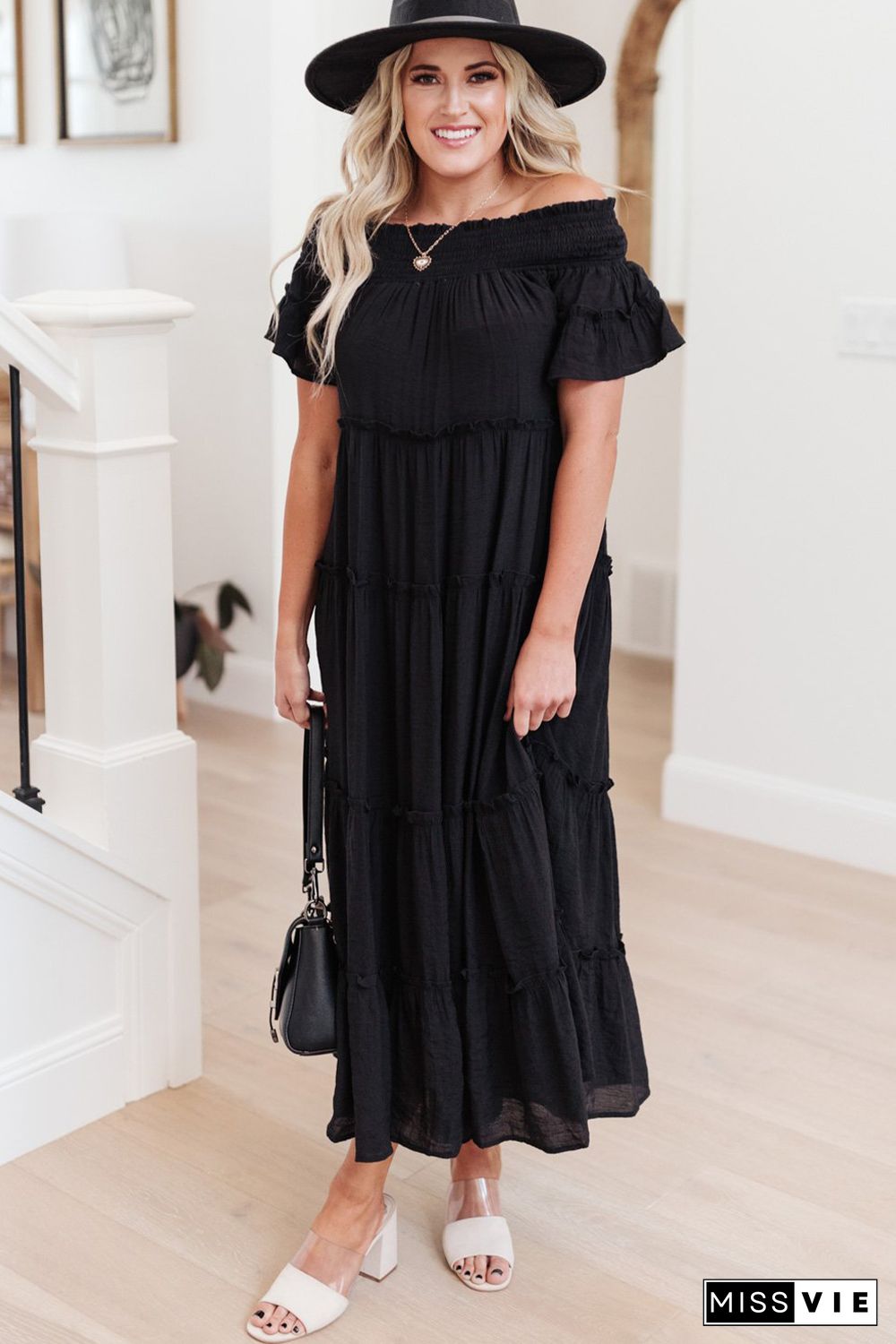 Black Plus Size Smocked Off Shoulder Frill Tiered Maxi Dress