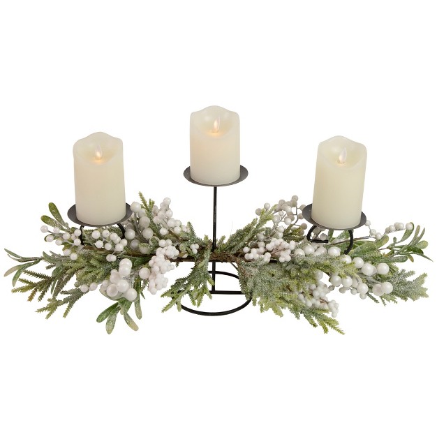 Triple Candle Holder With Frosted Foliage And Berries Christmas Decor