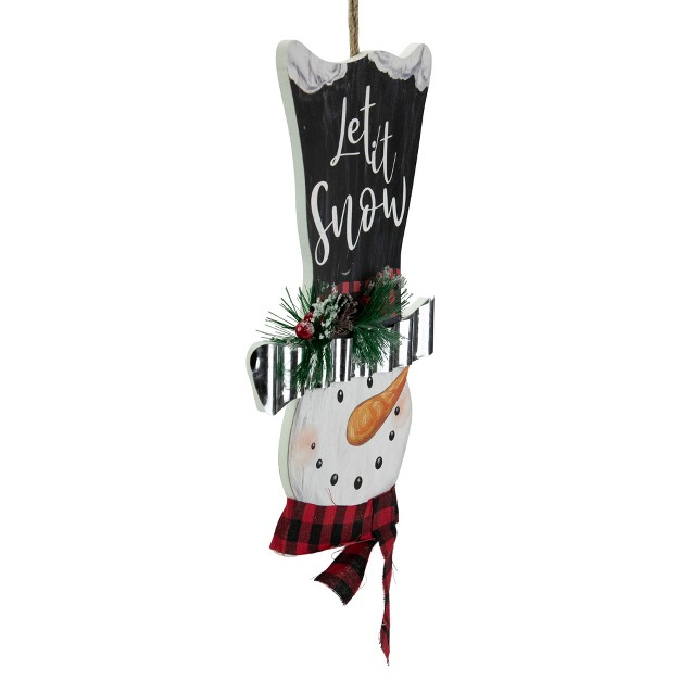 Wooden x27 let It Snow x27 Snowman With Plaid Scarf Christmas Wall Sign