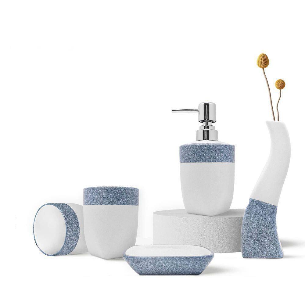 Dracelo 5-Piece Bathroom Accessory Set with Soap Dispenser Soap Dish Toothbrush Holder and Vase in Blue B08K39YJKN