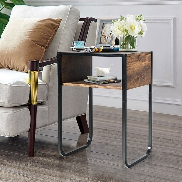 Gymax Side Table Industrial Coffee Table w/Metal Frame Rustic End