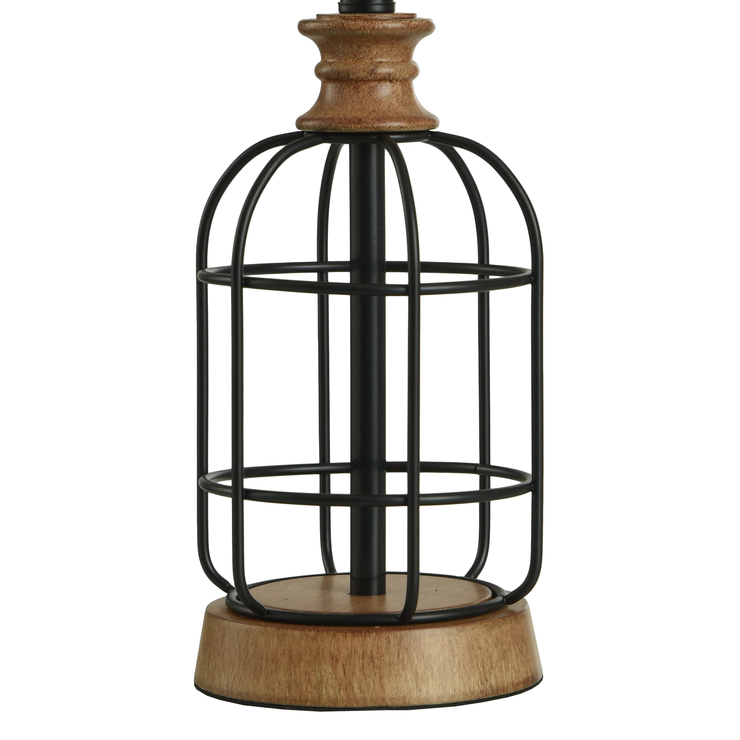 Mainstays Black Metal Cage Table Lamp with Wood Accents and Drum Shade， bulb included， 17