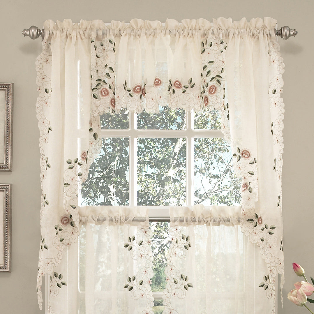 Rosemary Floral Embroidered Semi-Sheer Kitchen Curtain Tier, Swag, Valance Set