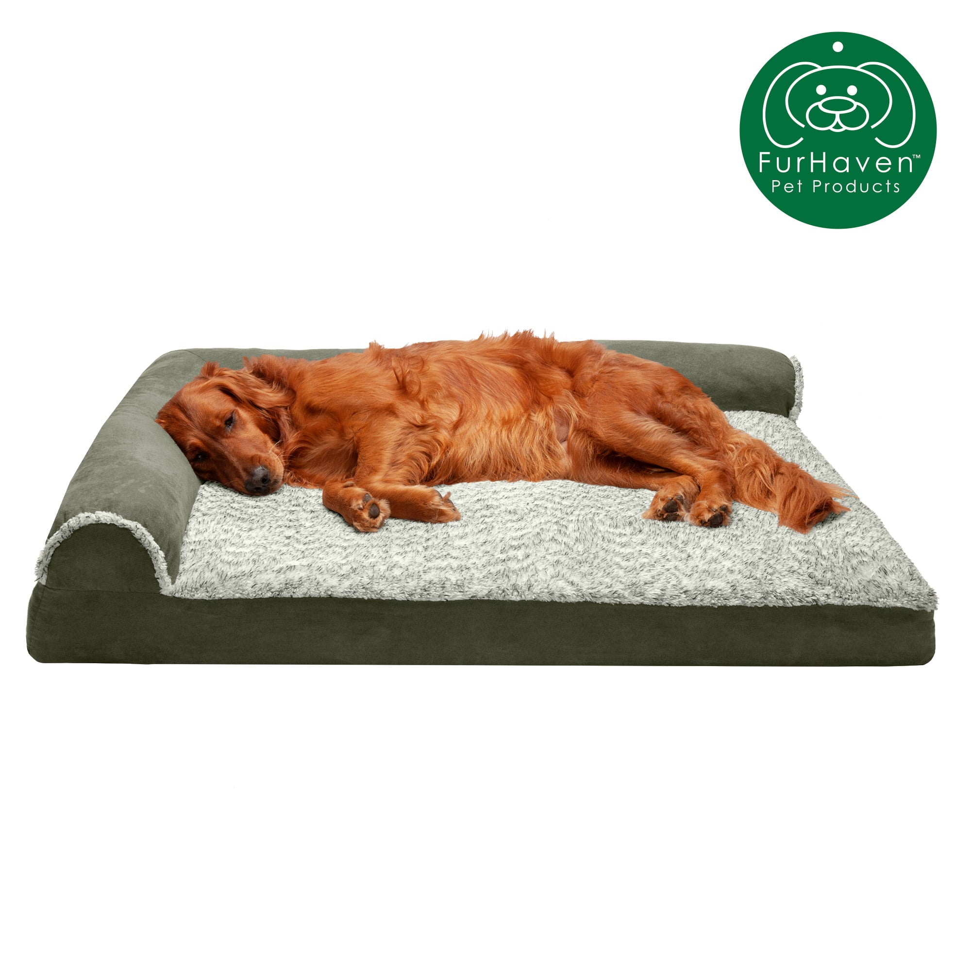 FurHaven Pet Products | Deluxe Memory Foam Chaise Faux Fur and Suede L-Shaped Lounge Sofa Pet Bed for Dogs and Cats， Dark Sage， Jumbo