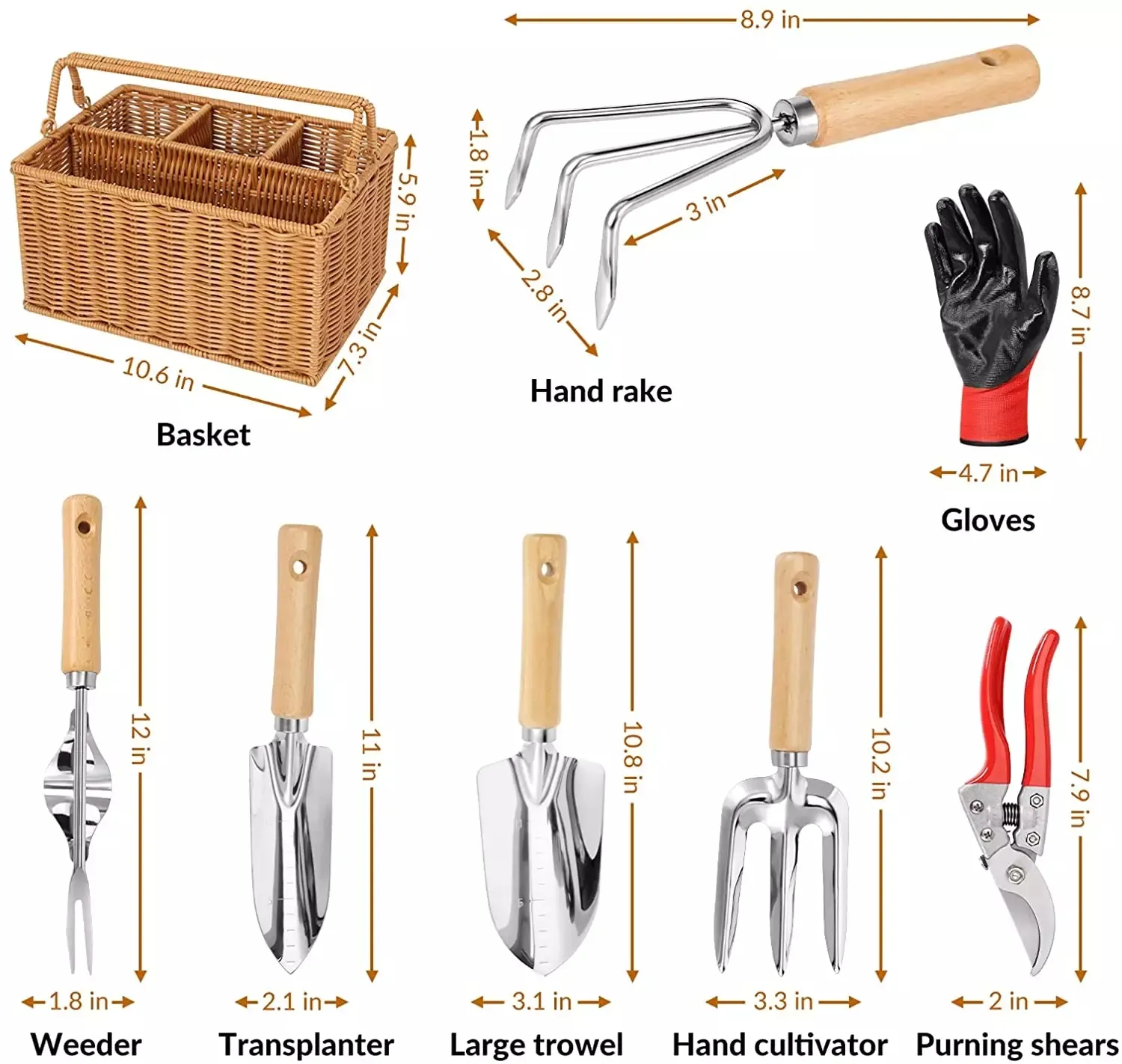 8 Piece Garden Tool Set with Basket Cute Indoor Plants Stainless Steel Gardening Hand Tools Kit with Wood Handle