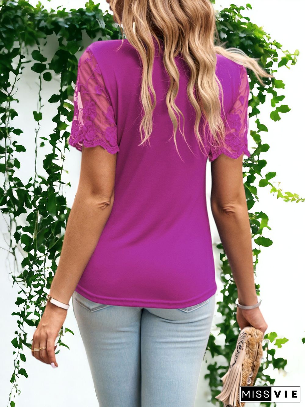 Lace Detailed Short Sleeved Crew Neck T-Shirt