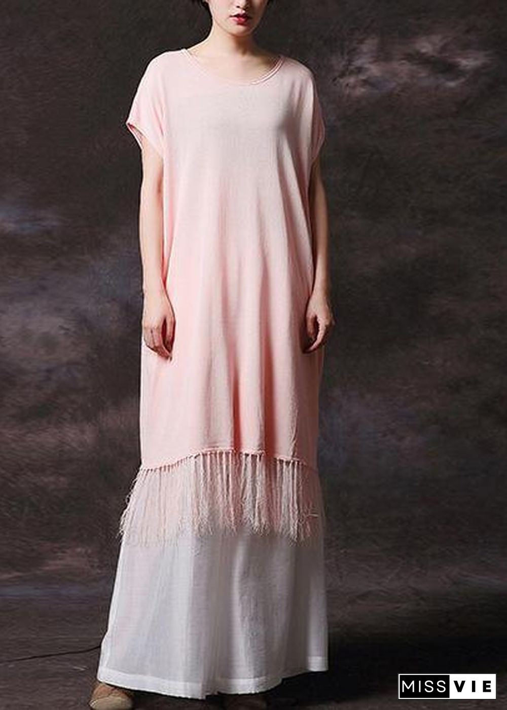 Simple pink tassel cotton Long Shirts o neck loose summer Dress