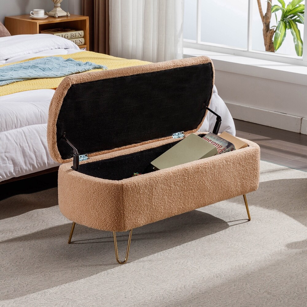 Contemporary Fabric Upholstered Storage Ottoman Bench with Metal Legs